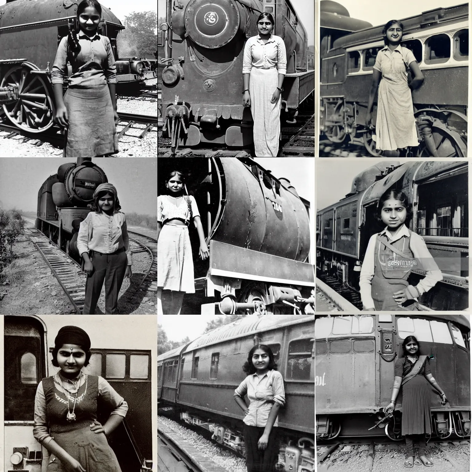 Prompt: A teenage Indian female train driver, posing with her steam train, 1939