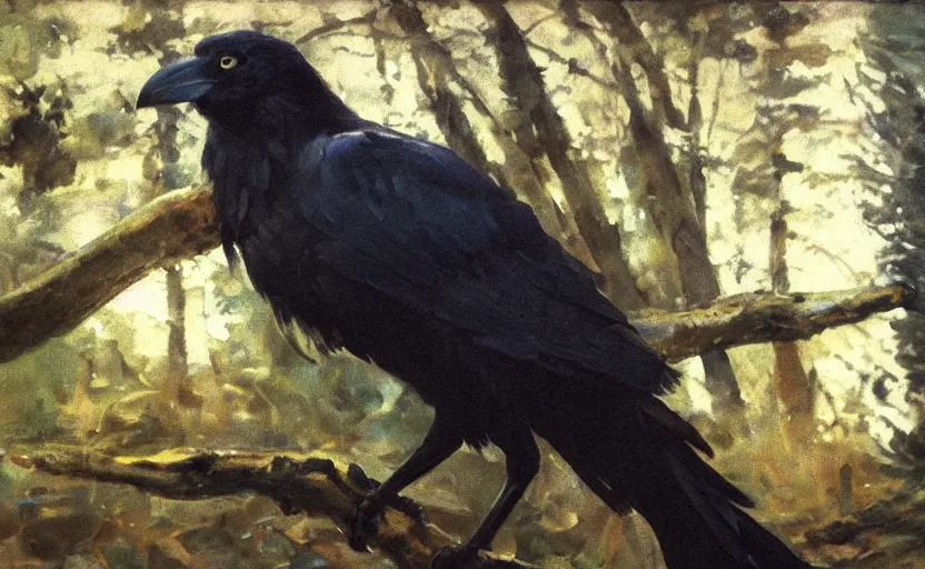 Prompt: oil painting by anders zorn, closeup crow in forest, very very very very beautiful art, dramatic light, strong shadows, shiny blue black feathers