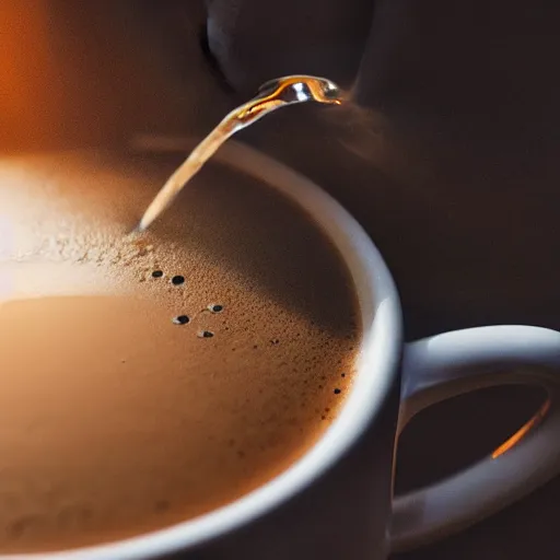 Image similar to Close up of coffee being poured into a cup on a rainy morning, studio lighting , macro, coffee, morning, rain, highly detailed, sharp focus, Volumetric dynamic lighting, still life, real life, 4k