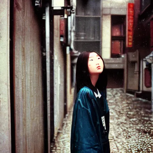 Image similar to 1990s perfect 8K HD professional cinematic photo of close-up japanese schoolgirl posing in sci-fi dystopian alleyway at morning during rain, at instagram, Behance, Adobe Lightroom, with instagram filters, depth of field, taken with polaroid kodak portra