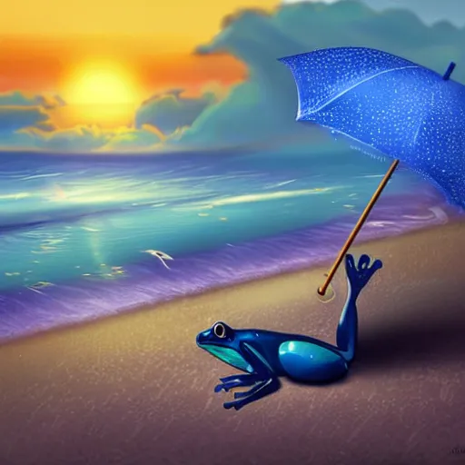 Image similar to frog on the beach with an umbrella next to him, watching a beautiful sunrise, digital art, highly detailed