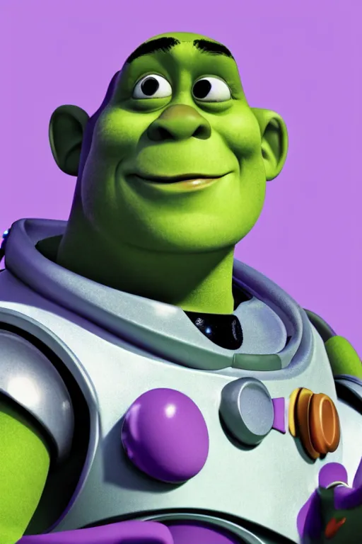 Prompt: Photo of Shrek realistic Buzz Lightyear, photorealistic portrait, close-up, light bristles, slightly muted colors, film photo