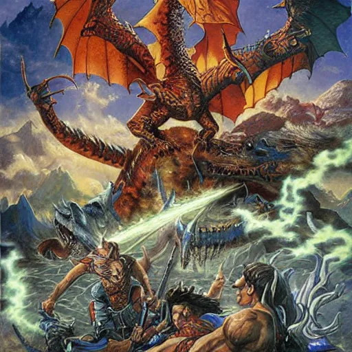 Image similar to a group on adventures fighting a mighty dragon, by Jeff Easley