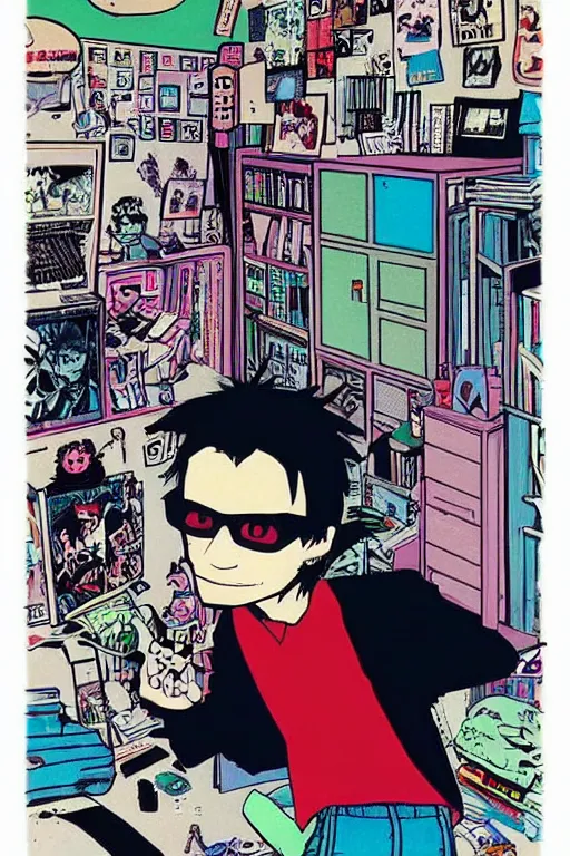 Image similar to nerdy goth guy, cluttered messy 9 0 s bedroom, by jamie hewlett, jamie hewlett art, vaporwave, 9 0 s aesthetic, 9 0 s vibe,