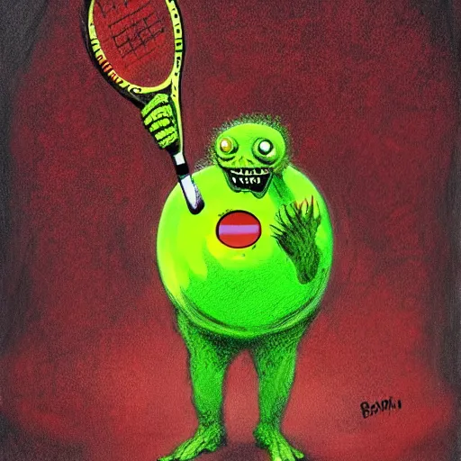 Image similar to a tennis ball monster ,tennis ball,zombie ,chalk digital art, fantasy, magic, trending on artstation, ultra detailed, professional illustration by Basil Gogos