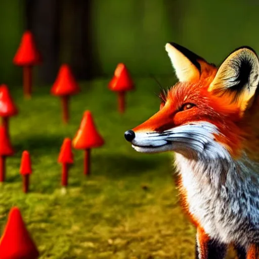 Prompt: Close-up of a fox in a magic forest with toadstools