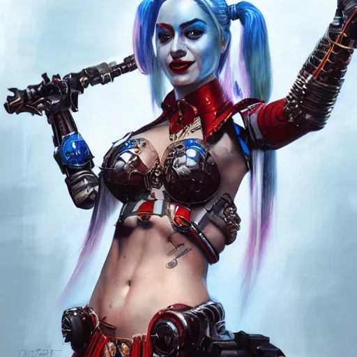Image similar to a portrait of Harley Quinn in bikini armor, Warhammer 40000, cyberpunk, intricate, elegant, highly detailed, digital painting, trending on artstation, concept art, smooth, sharp focus, illustration, art by artgerm and greg rutkowski and alphonse mucha