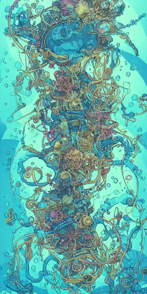 Image similar to a picture of mysterious colourful underwater sea life, being discovered by a man in a steampunk diving suit. water is deep aquamarine coloured. poster art by james jean, concept art, behance contest winner, very detailed, award - winning. lovecraftian, cosmic horror, bioluminescence.