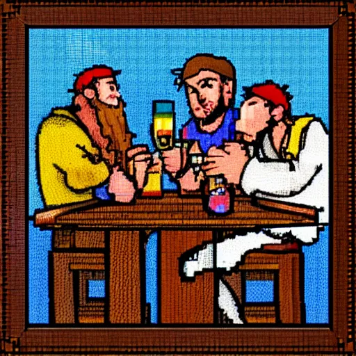 Image similar to Three important pirates drinking grog in a tavern table 16 bit computer art