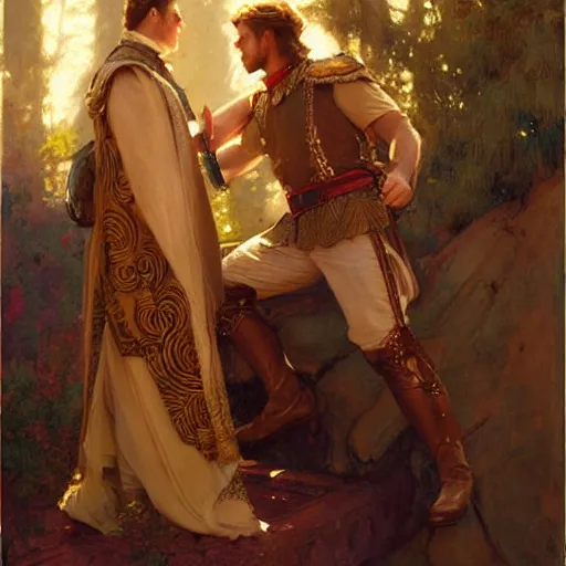 Image similar to attractive fully clothed king confesses his love for his attractive fully clothed male prince. highly detailed painting by gaston bussiere, craig mullins, j. c. leyendecker 8 k