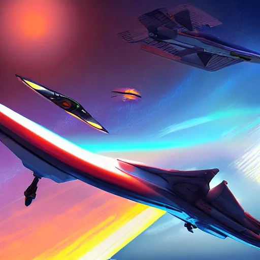 Prompt: science fiction video game fighter spaceship flying over earch, sunrise background, digital art, Thisset style