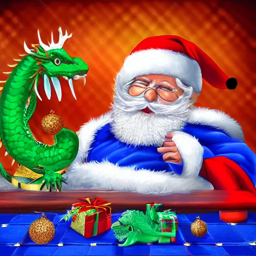 Image similar to blue santa playing checkers against a christmas themed dragon, digital art, highly detailed,