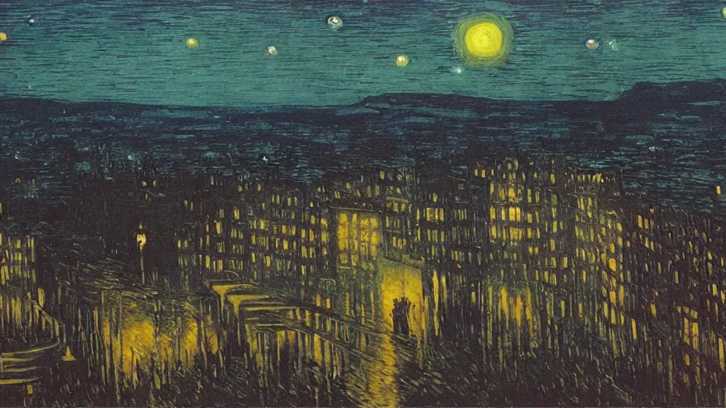 Image similar to City at night Landscape oil painting by Zdzisław Beksiński and Van Gogh