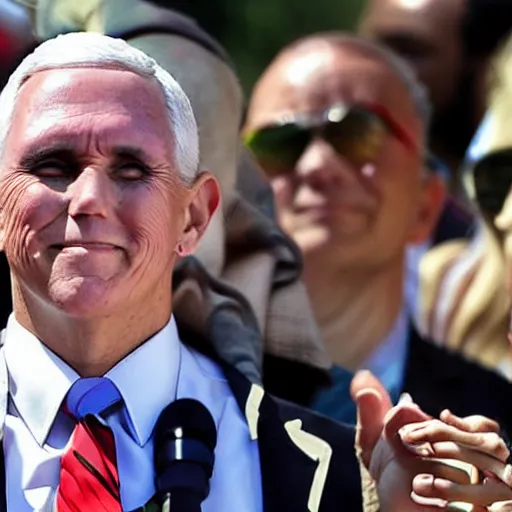 Prompt: mike pence at gay pride, rainbow glitter smoke