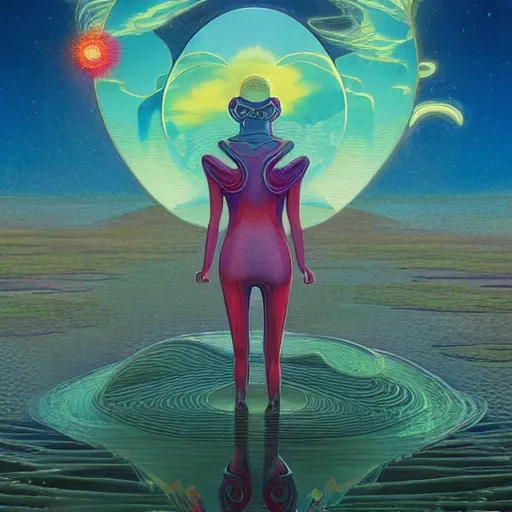 Image similar to colourful breathtakingly weird beautiful powerful magical wonderfully majestic beautifully cool character by michael whelan and moebius and beeple and kilian eng and dan mcpharlin and pascal blanche and jamie hewlett and richard dadd, symmetrical, magical stormy reflections, smoke on water, 8 k artstation