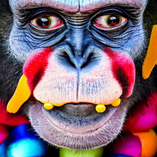 Prompt: a photo of a monkey with clown paint, sidelit, a stock photo by paul harvey, shutterstock contest winner, neo - primitivism, creative commons attribution, behance hd, freakshow