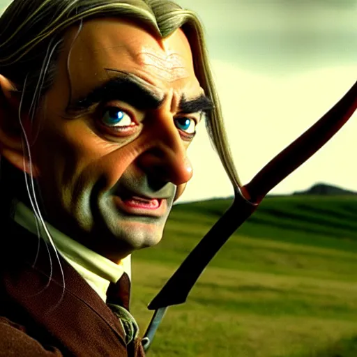 Image similar to mr. bean as legolas from lord of the rings. movie still. cinematic lighting.