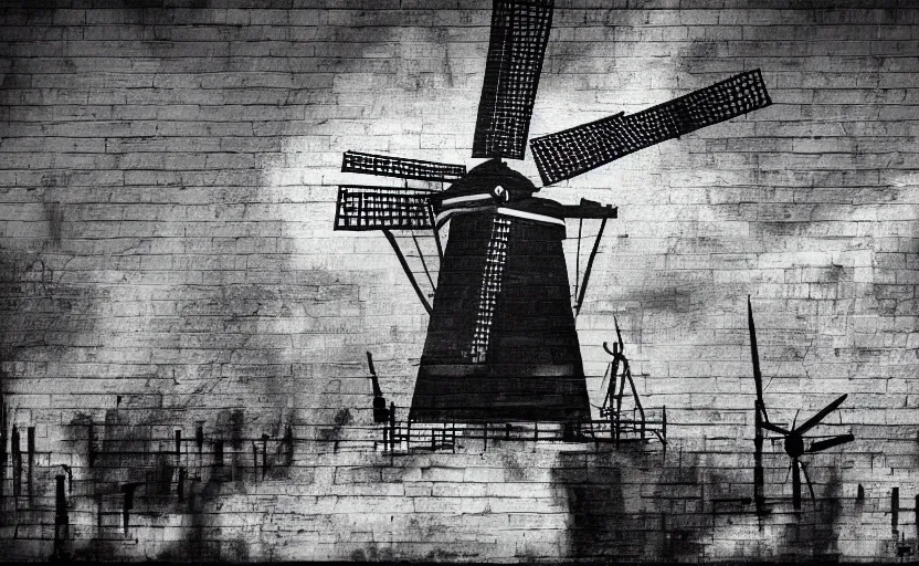 Image similar to mural of dutch windmill, black and white paint, stencil art, abstract, cyberpunk, painted on a giant wall