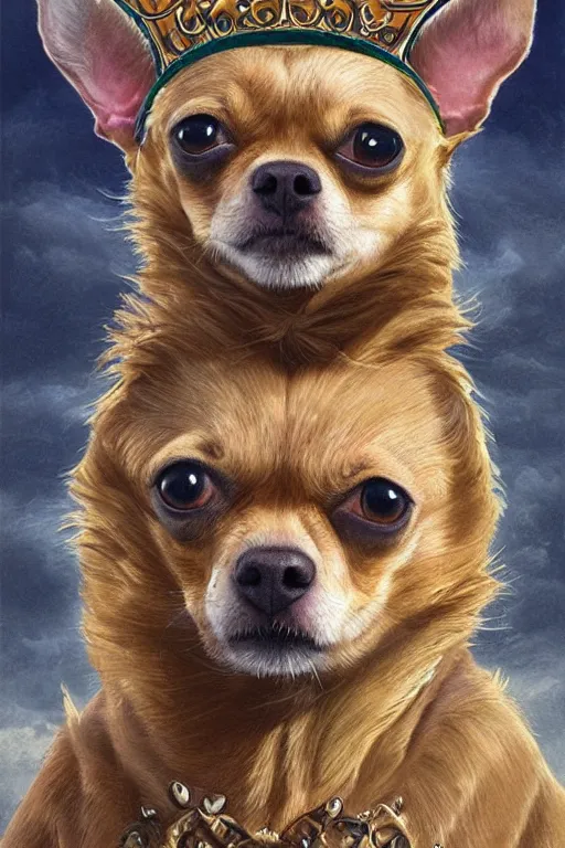 Prompt: God had dog Chihuahua's head, a radiant halo and crown, detailed face, gorgeous, very muscular male body, partial anatomy, stormy background, delicate and intricate borders for decoration, caesar victorious, proud Emperor, character close-up, intricate, highly detailed, 8K, digital painting, fantasy, concept art, sharp focus, art by greg rutkowski beeple and alphonse mucha