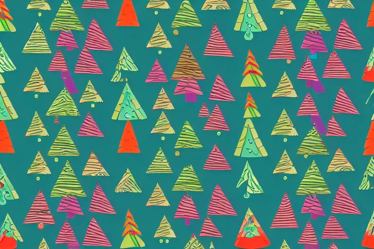 Prompt: a wrapping paper pattern with psychedelic christmas trees print, illustration