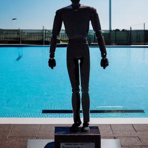 Image similar to a realistic detailed photo of a guy who is an attractive humanoid who is half robot and half humanoid, who is a male android, soccer player martin ødegaard, shiny skin, posing like a statue, blank stare, by the pool, on display, showing off his muscles, humanoid robot, frozen ice statue