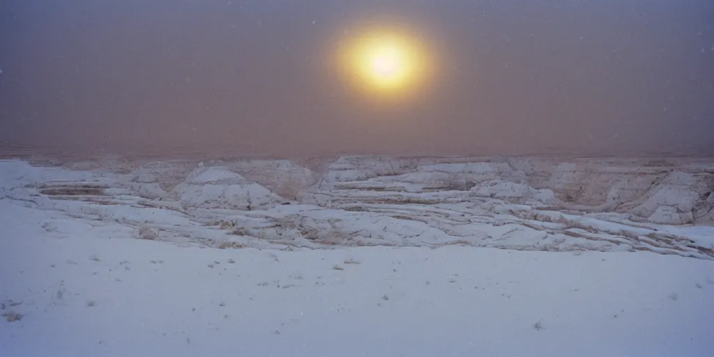 Image similar to photo of green river, wyoming cliffs covered in ice and snow, during a snowstorm. a old man in a trench coat and a cane appears as a hazy silhouette in the distance, looking back over his shoulder. cold color temperature. blue hour morning light, snow storm. hazy atmosphere. humidity haze. kodak ektachrome, greenish expired film, award winning, low contrast.