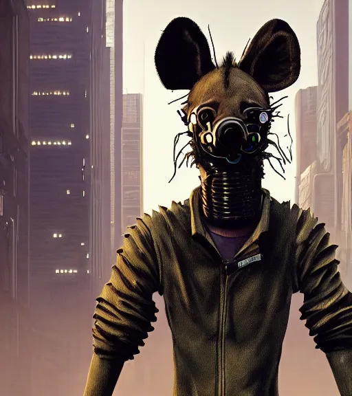 Image similar to new york city portrait of furry anthro anthropomorphic spotted hyena head animal person fursona wearing clothes strange cybernetic muzzle gloomy rainy screenshot from the video game cyberpunk 2077 digital art by Greg Rutkowski, Simon Stalenhag, christopher nolan trending on Artstation, CGSociety