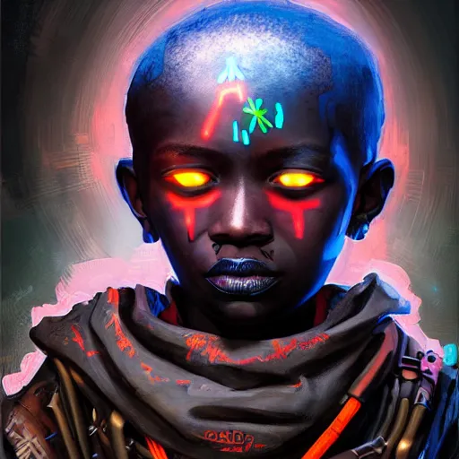 Image similar to a dark and ominous cyborg african child soldier with glowing eyes and neon facial warpaint, neon graffiti, Apex Legends character digital illustration portrait design, by android jones and greg rutkowski in a cyberpunk voodoo style, retrowave color scheme, detailed, cinematic lighting, wide angle action dynamic portrait