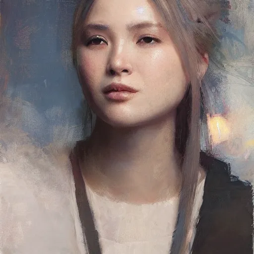 Prompt: Richard Schmid and Jeremy Lipking and antonio rotta, full length portrait painting of Yuna from Final Fantasy