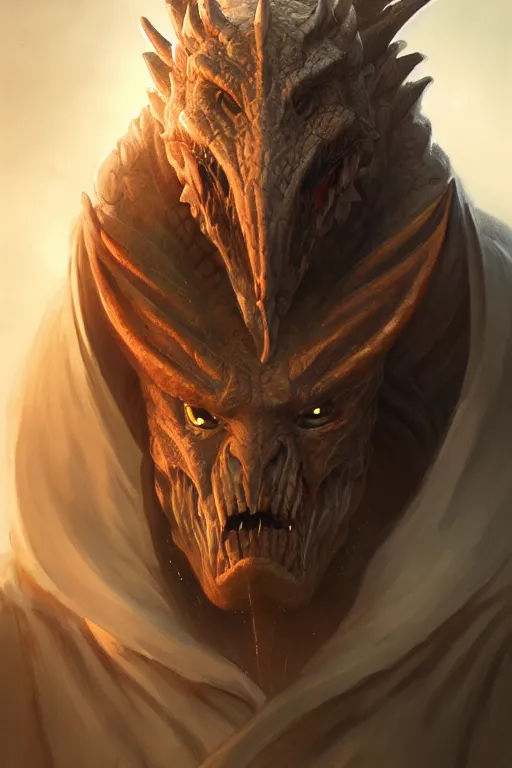 Image similar to human with dragon face, wearing simple robes, highly detailed, d & d, fantasy, highly detailed, digital painting, trending on artstation, concept art, sharp focus, illustration, global illumination, shaded, art by artgerm and greg rutkowski and fuji choko and viktoria gavrilenko and hoang lap