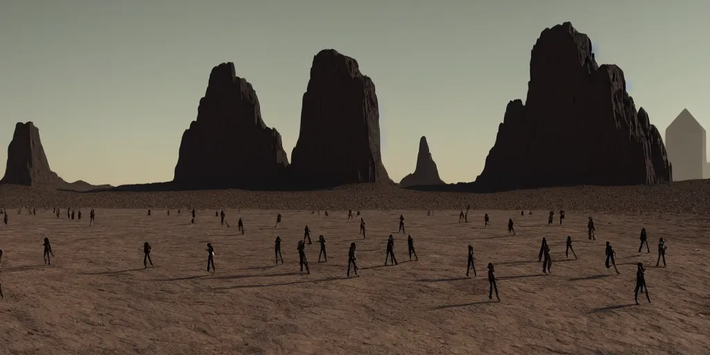 Prompt: an enormous alien black monolith in the desert, a large line of people are walking toward it in a line! starting at the foreground and ending at the building, single file, in the foreground on a rock is an alien creature catching a fly with its tongue, two suns are in the sky, clear skies, volumetric light, hyperdetailed, artstation, cgsociety, 8k