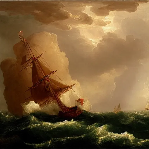 Prompt: an oil painting of an xviii century ship at sea during a thunderstorm, highly detailed, 4 k, painted by thomas cole