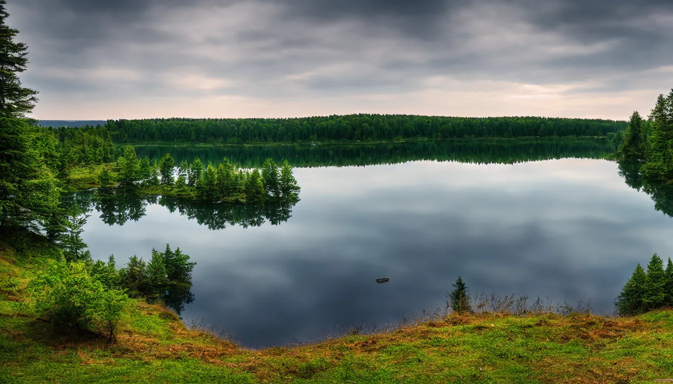 Prompt: eastern european, small lake view from hill shore, national park, nature, atmospheric, ambient vibe, very detailed, high resolution, 8 k