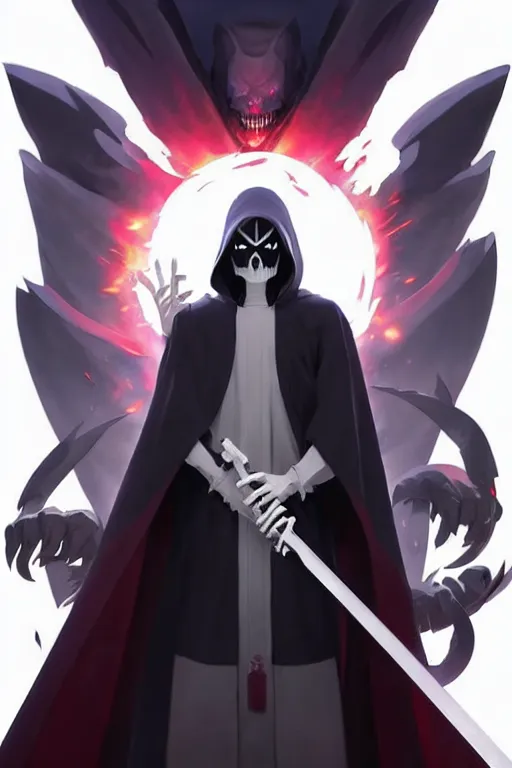 Prompt: video game cover, small grim reaper dressed with a cape surrounded by demons, mid view, design on a white background, by studio muti, greg rutkowski makoto shinkai takashi takeuchi studio ghibli