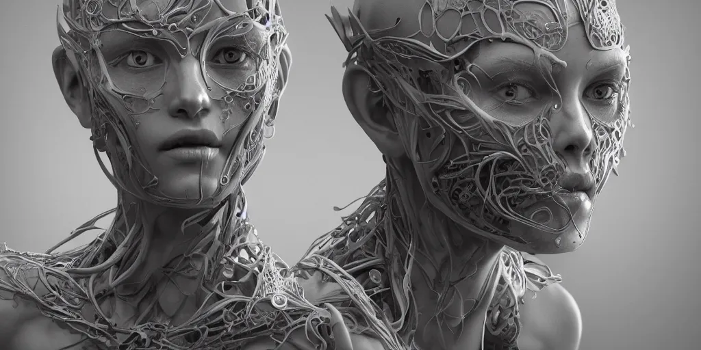 Image similar to photorealistic gorgeous symmetrical female cyborg, highly detailed, arms, knees, intricate, filigree, in the style of beth cavener, jin kagetsu, wlop, masterpiece, concept art, high key lighting, ambient lighting, octane render, 8 k, artstation