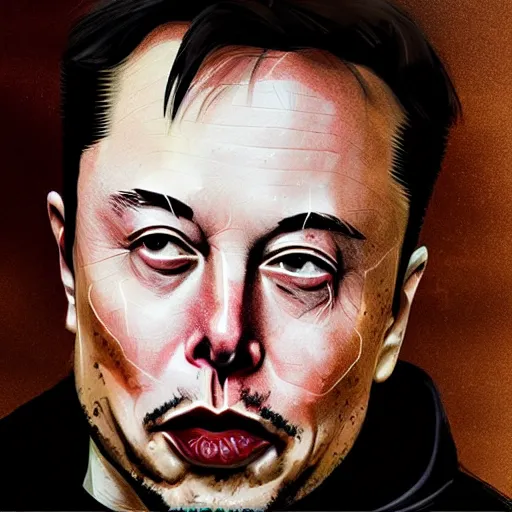 Prompt: Elon musk chewing on a battery in a dark cave and feeling sad, photorealistic