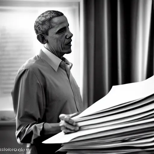 Prompt: obama nervously standing by a mountain of papers, videogame still, portrait, 4 0 mm lens, shallow depth of field, close up, split lighting, cinematic