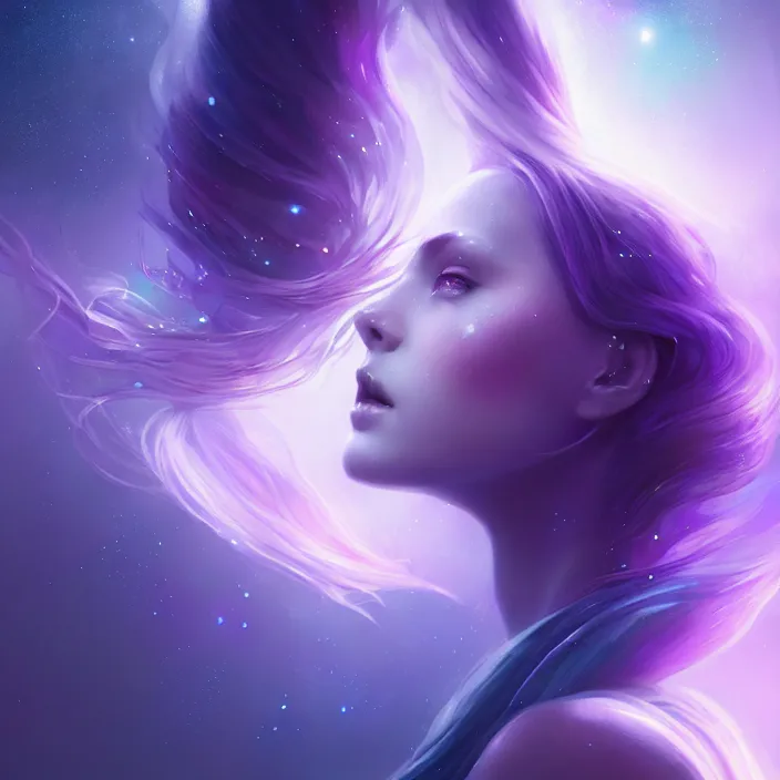 Prompt: galaxy by charlie bowater and anna dittmann and artgerm and clemens ascher, intricate, elegant, purple and blue and white mist, highly detailed, dramatic lighting, sharp focus, octane render, trending on artstation, artstationhd, artstationhq, unreal engine, 4 k, 8 k