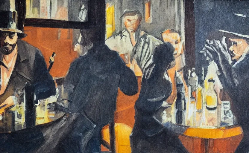 Prompt: oil painting in the style of john craxton sailors in the shadows of a pub. playing cards. aesthetic. brush marks. strong lighting. holding cigarettes. smokey bar. seated figure hands on table. strong expressions on faces. cheekbones. single flower. line drawing on painting,