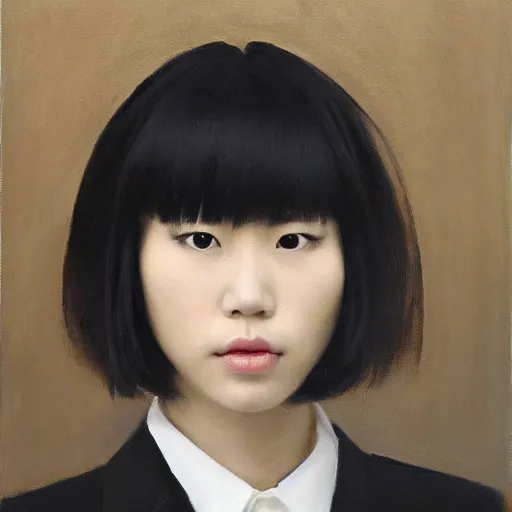 Prompt: portrait of a beautiful korean girl wearing a men's tuxedo, with long hair and bangs, angular features, angry expression, oil on canvas, elegant pose, masterpiece, Jonathan Yeo painting