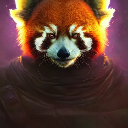 Prompt: red panda as god emperor character, digital illustration portrait design, by android jones and greg rutkowski, retrowave color scheme, detailed, cinematic lighting, wide angle action dynamic portrait