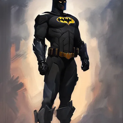 Image similar to greg manchess portrait painting of fully armored bruce wayne aka batman as overwatch character, medium shot, asymmetrical, profile picture, organic painting, sunny day, matte painting, bold shapes, hard edges, street art, trending on artstation, by huang guangjian and gil elvgren and sachin teng