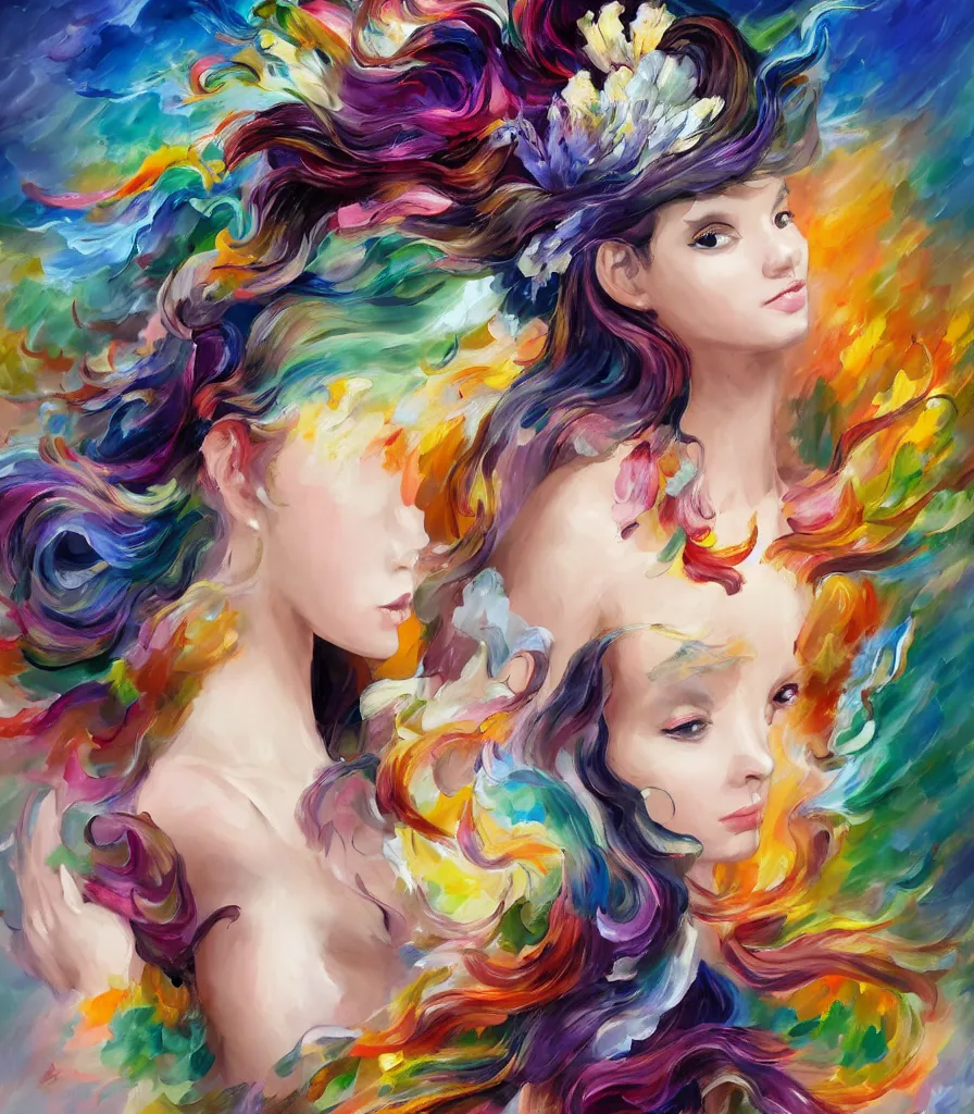 Prompt: a colorful and provenance illustrations painting of the fantasy female who with floral wing, highly detailed, her hair made of hair made of air wind and curling smoke, mist, dust, genie, spirit fantasy concept art, art by afremov and leonid, trending on artstation.