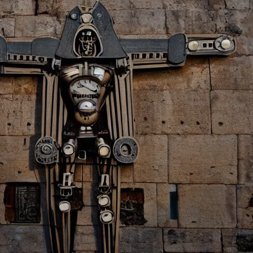 Prompt: steampunk robot crucified at dusk in ancient jerusalem