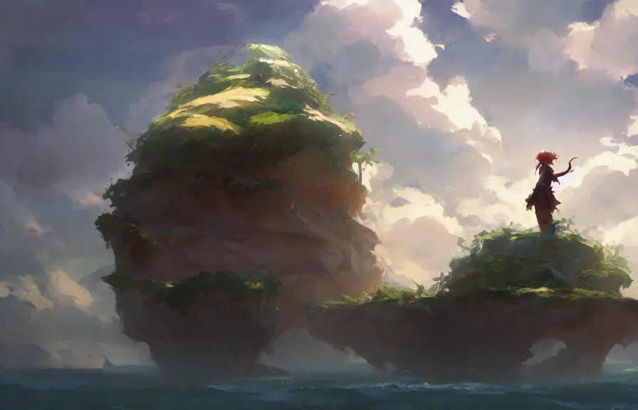 Prompt: greg manchess concept art of a the floating island dimension, key visual, ambient lighting, highly detailed, digital painting, artstation, concept art, sharp focus, by makoto shinkai and akihiko yoshida and hidari and wlop and greg rutkowski