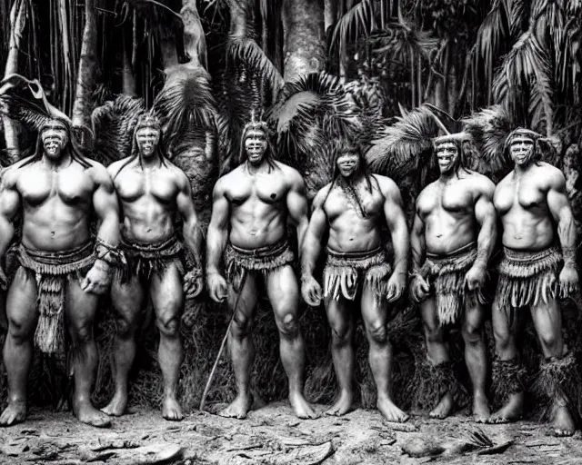 Image similar to hyper realistic group vintage photograph of a live action warcraft orc warrior tribe in the jungle, tall, hulk like physique, detailed faces, tribal paint, tribal armor, grain, old, monochrome, sepia toned, realistic lighting, wide angle