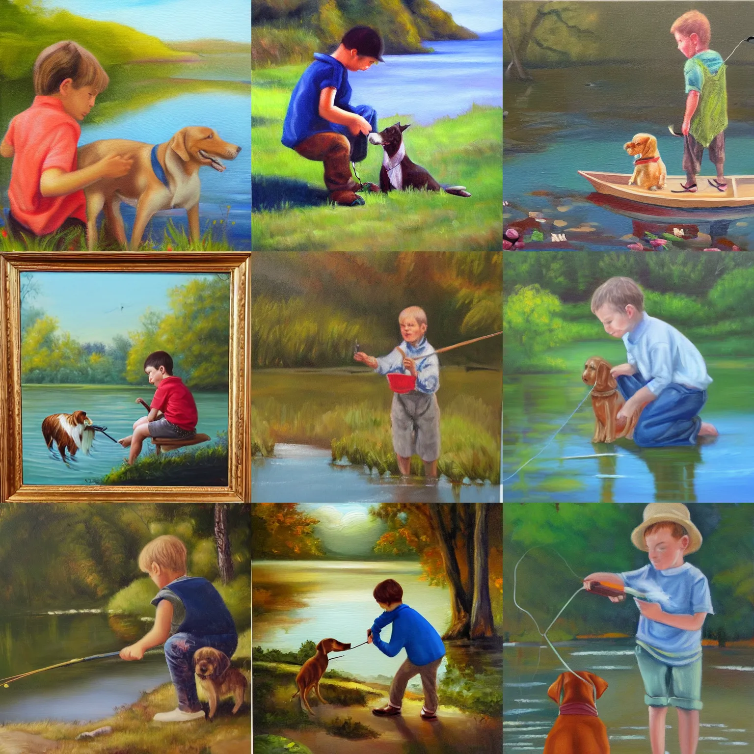 Prompt: whimsical oil painting titled: A Boy Fishes With His Dog, award winning, critically acclaimed