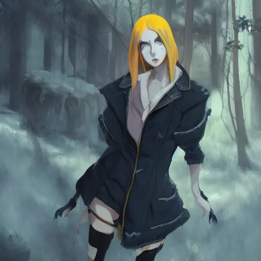 Image similar to a pale demoness with yellow eyes and horns wearing a jacket, highly detailed, digital painting, artstation, matte, by makoto shinkai, animation style