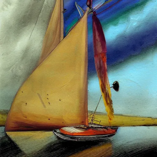 Image similar to balmy, melancholic crayon art, depth of field by willem kalf, by andy warhol, by randolph caldecott. a beautiful street art of a sailboat sailing on a sea of clouds, with a rainbow in the background. the sailboat is crewed by a group of monkeys, & the sails are billowing in the wind.