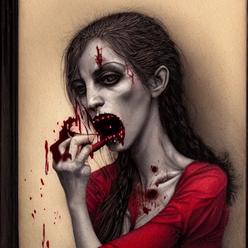 Image similar to a hyperrealistic portrait painting of a beautiful female vampire, blood dripping from her mouth, standing in the moonlight, by santiago caruso, highly detailed,